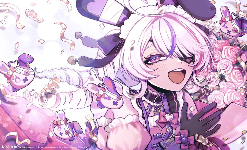 1girl, absurdres, ahoge, animal_ears, artist_name, black_bow, black_gloves, bouquet