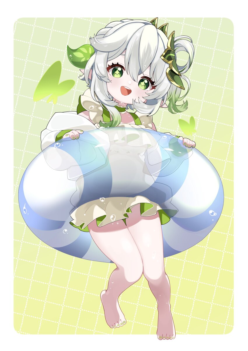 1girl, absurdres, alternate_costume, braid, commentary_request, cross-shaped_pupils, frilled_one-piece_swimsuit, frills, genshin_impact, gradient_hair, green_eyes, green_hair, hair_between_eyes, hair_ornament, half_crown_braid, highres, inui_hinamochi, leaf_hair_ornament, multicolored_hair, nahida_(genshin_impact), one-piece_swimsuit, pointy_ears, side_ponytail, smile, solo, swim_ring, swimsuit, symbol-shaped_pupils, white_hair