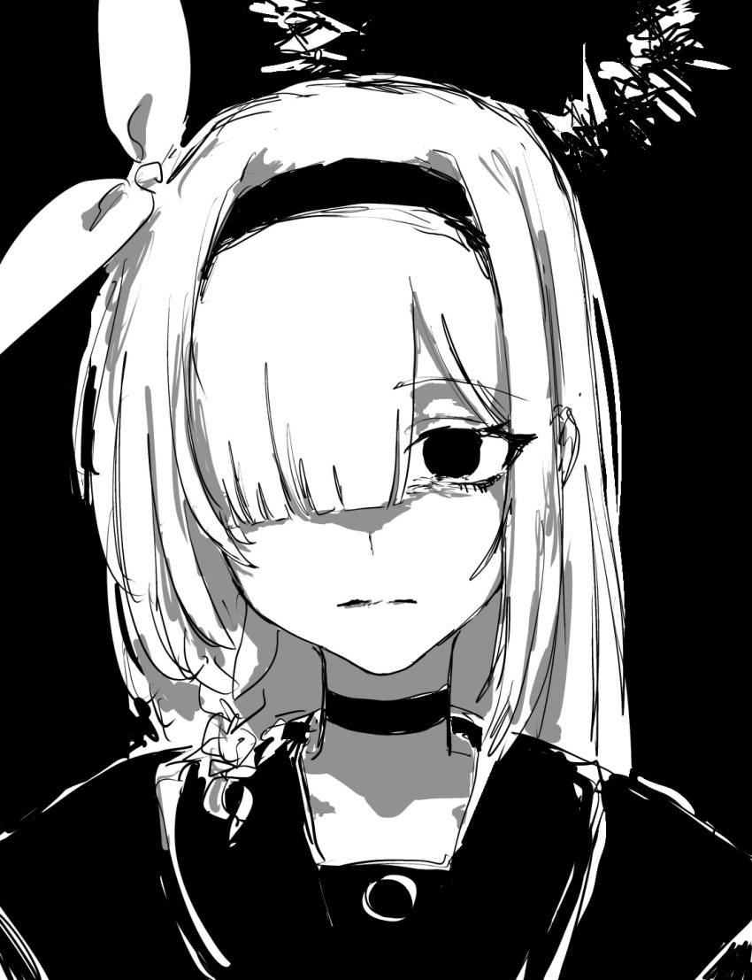 1girl, bags_under_eyes, black_background, black_choker, black_coat, black_eyes, black_hairband, black_ribbon