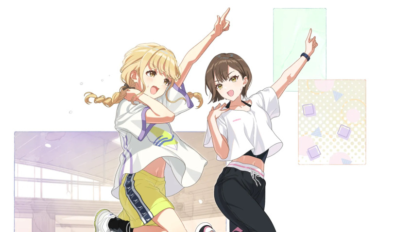 2girls, blonde_hair, braid, brown_hair, dance_trainer_(gakuen_idolmaster), fang, fujita_kotone, gakuen_idolmaster