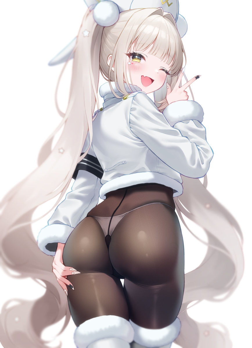 1girl, ass, black_pantyhose, blanc_(fortune_express)_(nikke), blanc_(nikke), boots, commentary_request, fang, from_behind, fur-trimmed_boots, fur_trim, goddess_of_victory:_nikke, highres, long_hair, official_alternate_costume, official_alternate_hairstyle, open_mouth, panties, panties_under_pantyhose, pantyhose, shirasato_(phzm8733), skin_fang, smile, solo, twintails, underwear, very_long_hair, white_boots, white_hair, white_panties, yellow_eyes