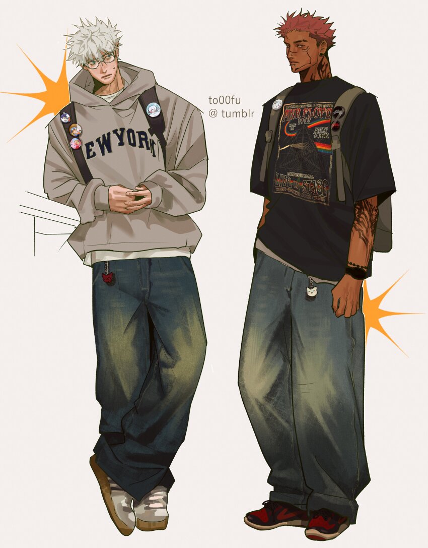 2boys, absurdres, against_railing, alternate_costume, alternate_skin_color, animal_charm, arm_tattoo, backpack