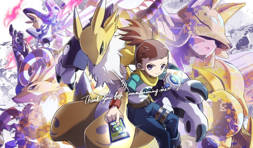 absurdres, armor, black_sclera, brown_hair, child, colored_sclera, digimon, digimon_(creature), digimon_tamers, fox_mask, fox_tail, furry, hair_ornament, hairpin, hat, highres, kitsune, kyubimon, kyuubi, long_hair, makino_ruki, mask, multiple_tails, onmyouji, ponytail, purple_eyes, renamon, sakuyamon, tail, taomon, tartarte_tatin, yin_yang