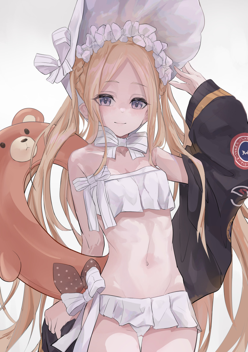 1girl, abigail_williams_(fate), abigail_williams_(swimsuit_foreigner)_(fate), abigail_williams_(swimsuit_foreigner)_(third_ascension)_(fate), absurdres, bare_shoulders, bikini, black_jacket