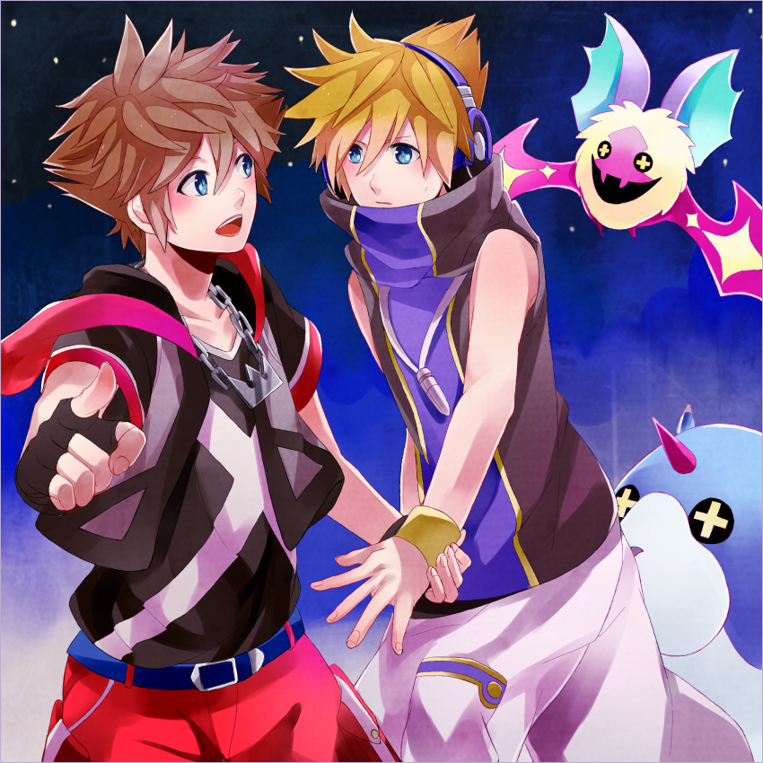 2boys, blonde_hair, blue_eyes, brown_hair, dream_eater_(kingdom_hearts), fingerless_gloves, gloves, headphones