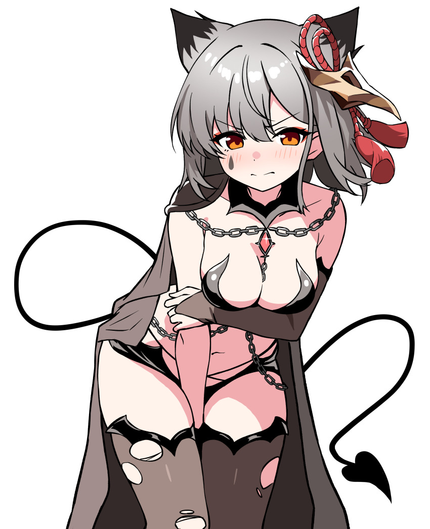 1girl, absurdres, animal_ears, arm_under_breasts, azur_lane, between_legs, blush, breasts, brooch, chain, cleavage, cloak, commentary_request, commission, cosplay, cowboy_shot, demon_tail, devonshire_(azur_lane), devonshire_(azur_lane)_(cosplay), devonshire_(sadistic_demon)_(azur_lane), ecgg_(tsuji418477), embarrassed, facial_mark, grey_hair, hand_between_legs, highres, jewelry, mask, mask_on_head, medium_breasts, medium_hair, navel, orange_eyes, pixiv_commission, revealing_clothes, suzutsuki_(azur_lane), tail, teardrop_facial_mark, thighhighs, torn_clothes, torn_thighhighs, white_background