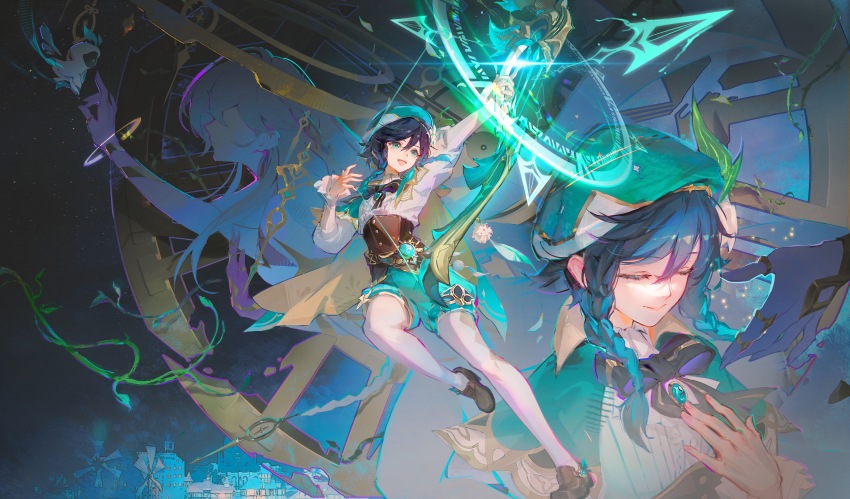 1boy, 1girl, absurdres, aqua_hair, barbatos_(genshin_impact), beret, black_bow, black_bowtie, black_hair, bow, bow_(weapon), bowtie, braid, cape, center_frills, chinese_commentary, closed_eyes, commentary_request, daybreak_chronicles_(genshin_impact), drawing_bow, energy_arrow, frills, gem, genshin_impact, gradient_hair, green_eyes, green_gem, green_hat, green_shorts, hair_between_eyes, halo, hat, highres, holding, holding_bow_(weapon), holding_weapon, istaroth_(genshin_impact), loafers, long_sleeves, male_focus, mondstadt_city, multicolored_hair, multiple_views, pantyhose, shirt, shoes, short_hair_with_long_locks, shorts, twin_braids, venti_(genshin_impact), vision_(genshin_impact), weapon, white_pantyhose, yunmaojan