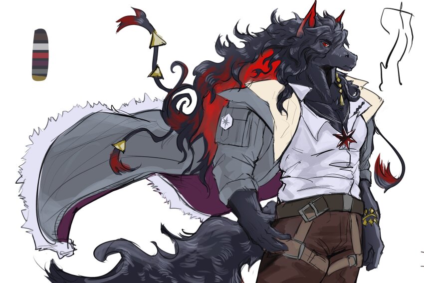 1boy, andenate_maryam_(arknights), animal_ears, arknights, bara, brown_pants, closed_mouth, color_guide, commentary, english_commentary, fengthelightfox, furry, furry_male, grey_jacket, highres, horse_boy, horse_ears, horse_tail, jacket, jewelry, looking_at_viewer, male_focus, multicolored_hair, muscular, muscular_male, necklace, pants, pectorals, profile, red_eyes, shirt, tail, white_background, white_shirt