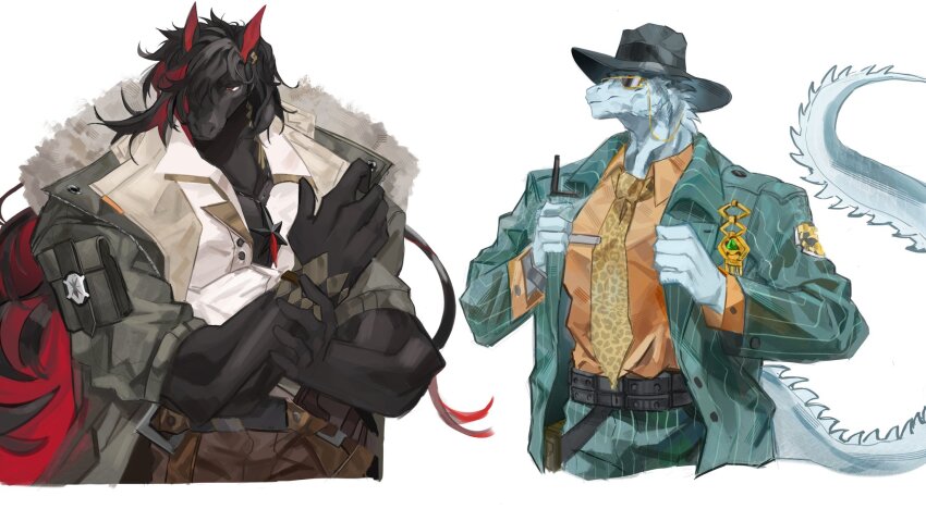 2boys, andenate_maryam_(arknights), animal_ears, arknights, bara, black_hat, formal_clothes, furry, furry_male, green_suit, grey_jacket, hashtag-only_commentary, hat, highres, horse_boy, horse_ears, iguana_tail, jacket, jewelry, male_focus, multicolored_hair, multiple_boys, muscular, muscular_male, necklace, orange_shirt, pectorals, pinstripe_pattern, pinstripe_suit, reptile_boy, shirt, skybox_(arknights), suit, sunglasses, white_background, white_shirt, wolffrost928