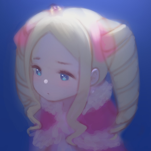 1girl, beatrice_(re:zero), blonde_hair, blue_background, blue_eyes, capelet, commentary_request, drill_hair