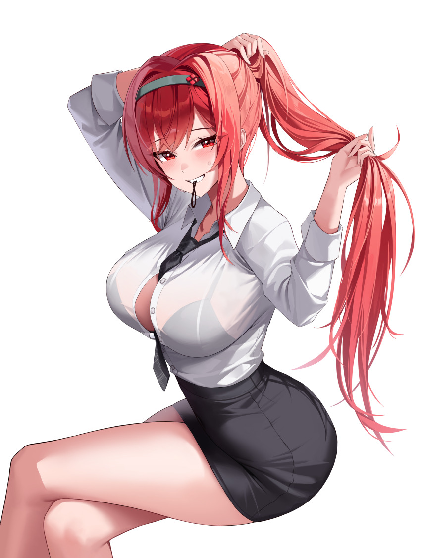 1girl, 4q_(lokcy516), absurdres, between_breasts, black_necktie, bra_visible_through_clothes, breasts, button_gap