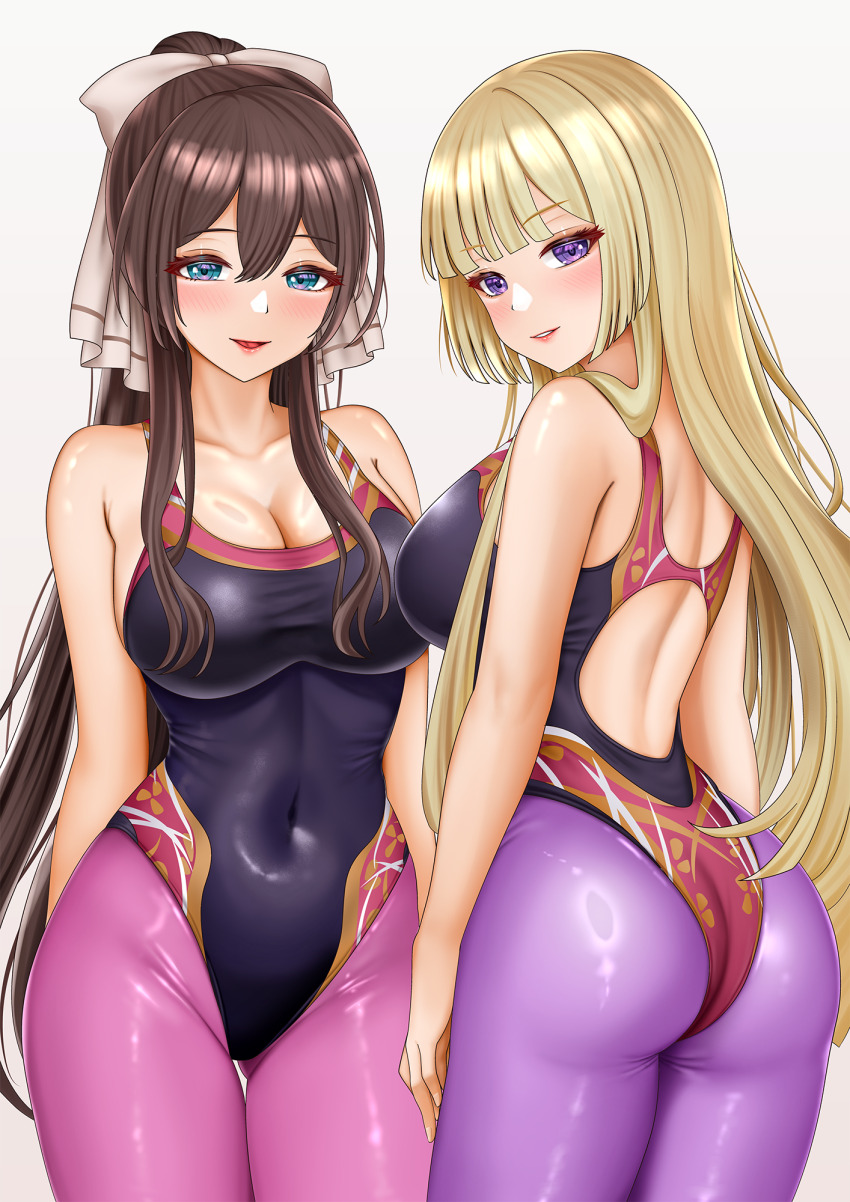 2girls, adapted_costume, arm_at_side, arm_behind_back, armpit_crease, arms_at_sides, ass, assault_lily