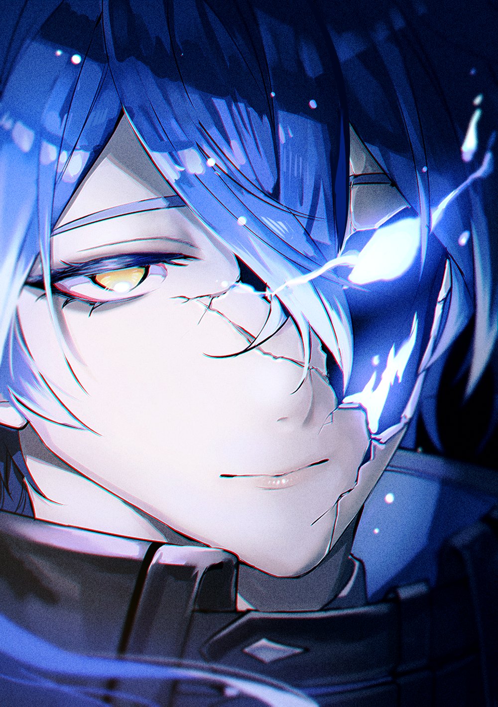 1boy, black_background, broken_mask, colored_eyelashes, crack, cracked_kawaii_mask, cracked_mask, crossed_bangs, double-parted_bangs, flins_(genshin_impact), genshin_impact, glowing, glowing_eye, gradient_hair, hair_between_eyes, hashtag-only_commentary, highres, looking_at_viewer, male_focus, mask, multicolored_hair, portrait, solo, torisukedesu, wing_collar, yellow_eyes