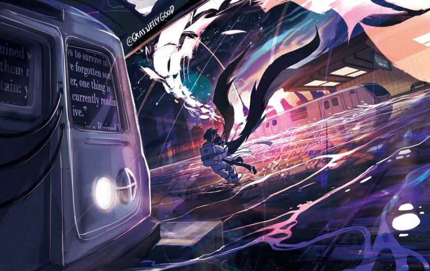 astronaut, black_hair, black_wings, caustics, commentary, demon_horns, dutch_angle, english_commentary