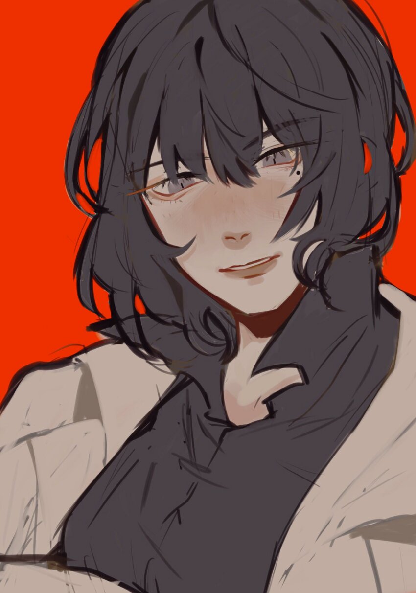 1girl, :d, black_hair, black_shirt, bob_cut, coat, collared_shirt, commentary