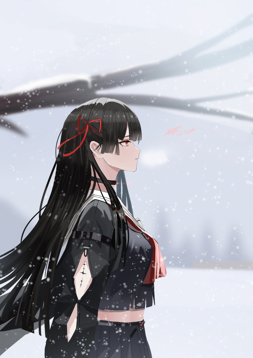 1girl, absurdres, arm_cutout, black_choker, black_hair, black_jacket, black_shirt, black_skirt