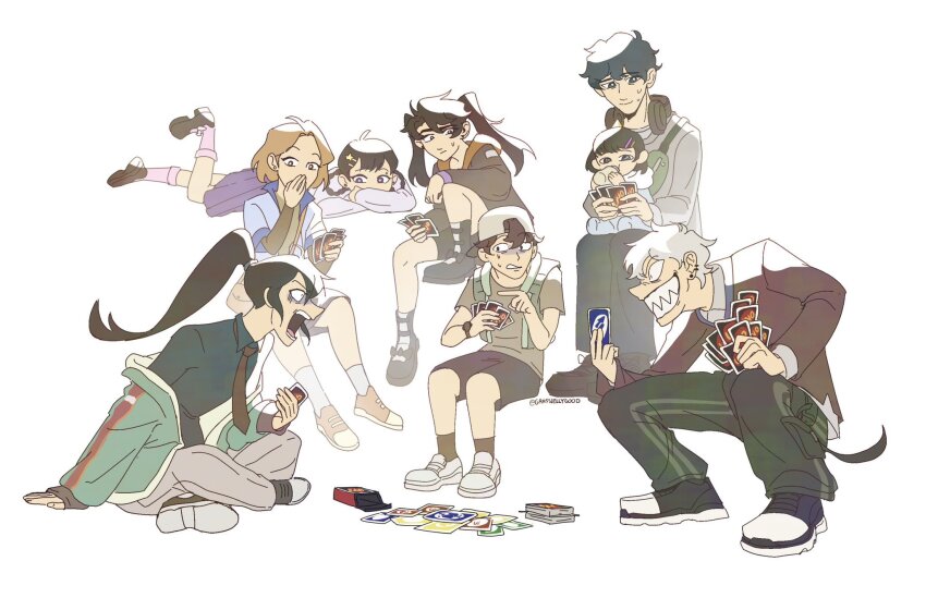 3boys, 5girls, card, character_request, child, commentary, covering_own_mouth, crossed_legs