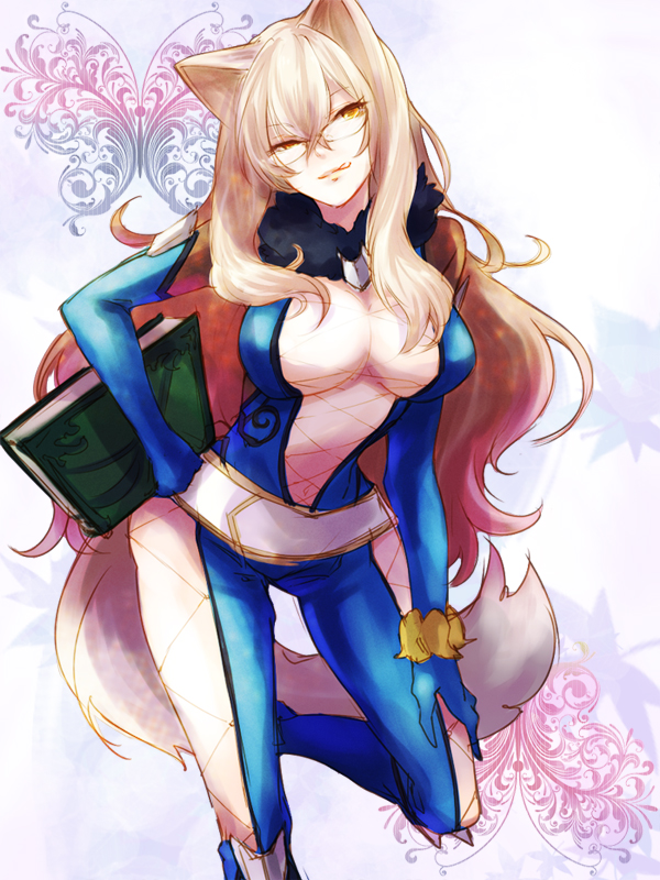 1girl, :p, bad_id, bad_pixiv_id, belt, belt_skirt, blonde_hair, bodysuit, book, breasts, center_opening, cleavage, female_focus, fur_trim, glasses, gloves, hair_intakes, hand_on_own_hip, large_breasts, licking_lips, long_hair, naughty_face, navel, presa_(tales), sayaomu, solo, standing, standing_on_one_leg, tales_of_(series), tales_of_xillia, tongue, tongue_out, yellow_eyes