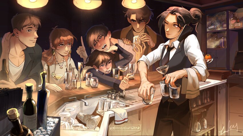 bar_(place), black_necktie, black_vest, blush, bottle, ceiling_light, chin_rest, collared_shirt
