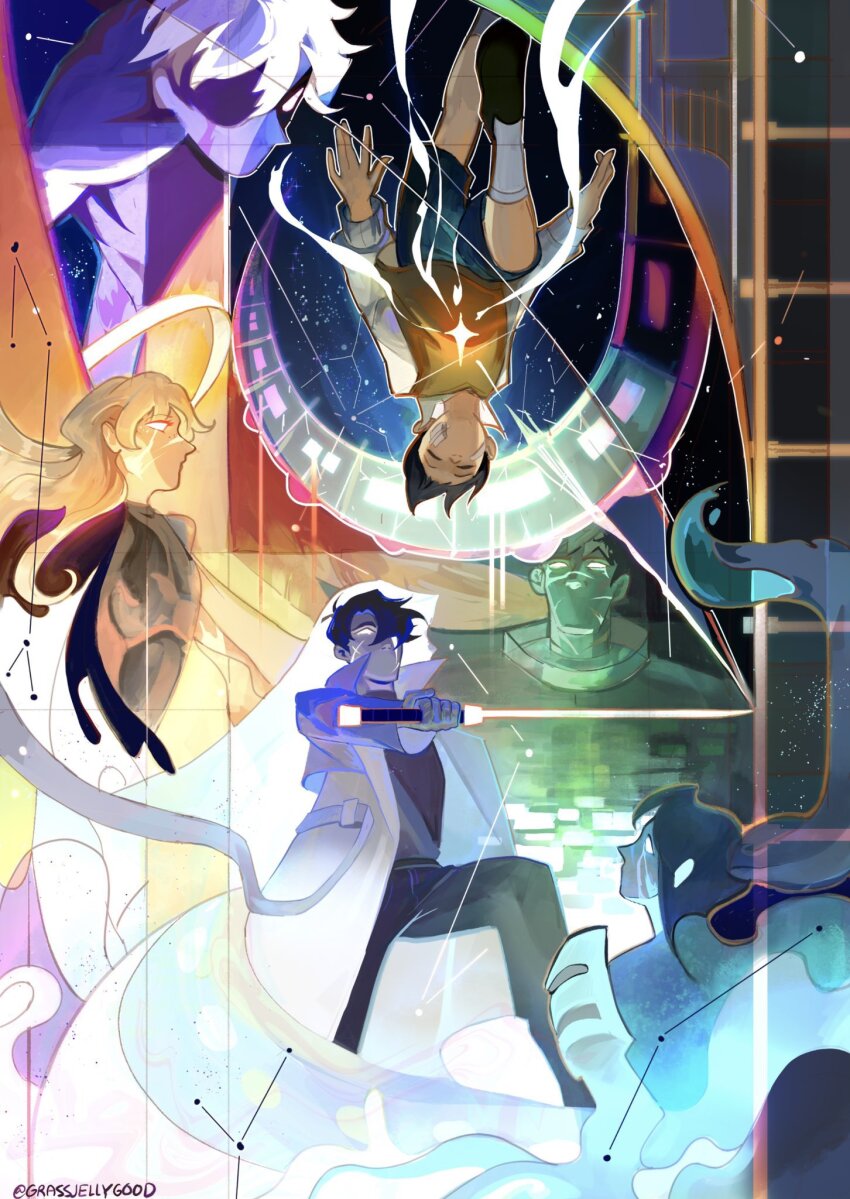 2girls, 4boys, armor, bandage_on_face, bandages, black_hair, black_shirt, black_shorts