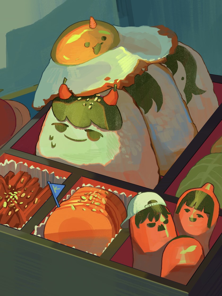 baseball_cap, biyoo_(omniscient_reader's_viewpoint), egg, food, food_focus, food_request, foodification, hat, highres, kim_dokja, lee_gilyoung, lettuce, no_humans, omniscient_reader's_viewpoint, painterly, sausage, shin_yoosung, wintrchu