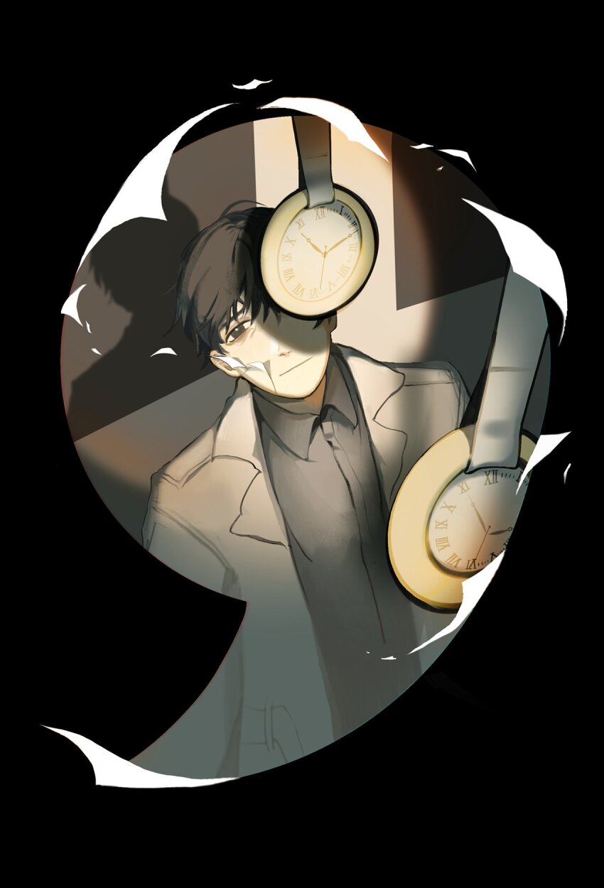 1boy, analog_clock, black_hair, black_shirt, clock, coat, collared_shirt, commentary