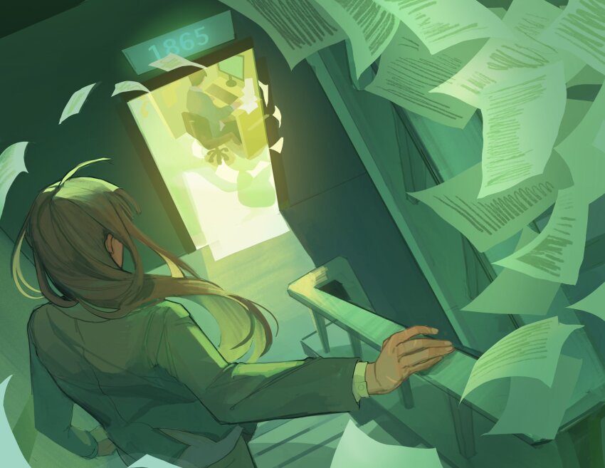 1boy, 1girl, black_coat, brown_hair, chair, coat, commentary, computer