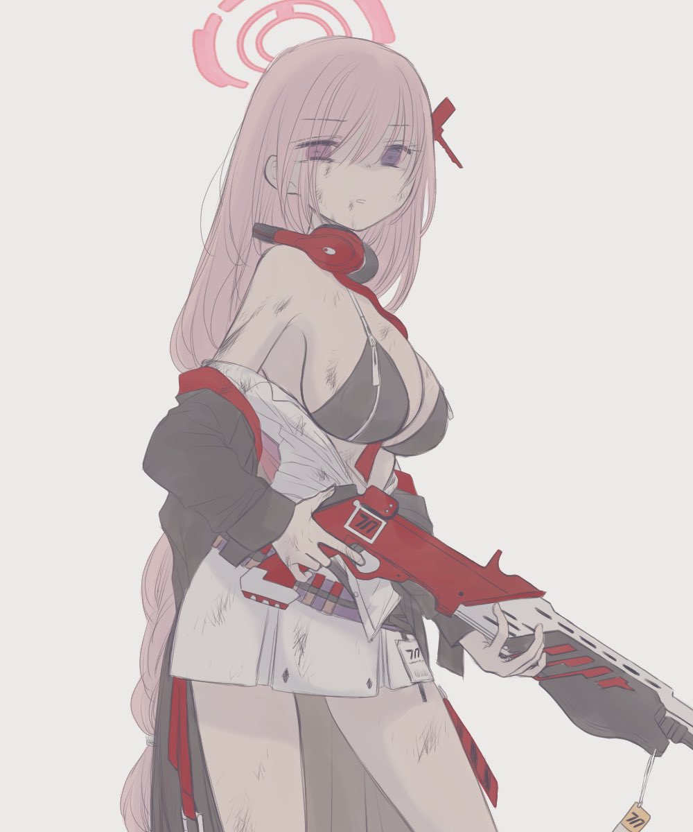 1girl, ammunition, bikini, black_bikini, black_jacket, blue_archive, blue_eyes, breasts