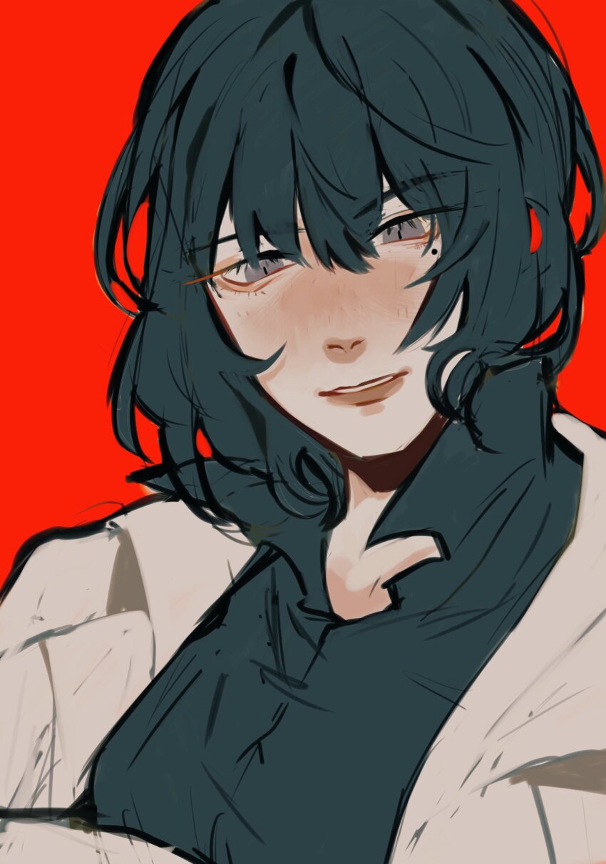 1girl, :d, black_hair, black_shirt, bob_cut, coat, collared_shirt, commentary