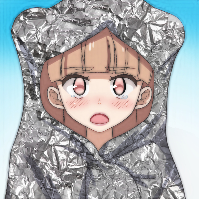 1girl, amabuki_maria, blue_background, blush, brown_hair, crying, double_bun, foil
