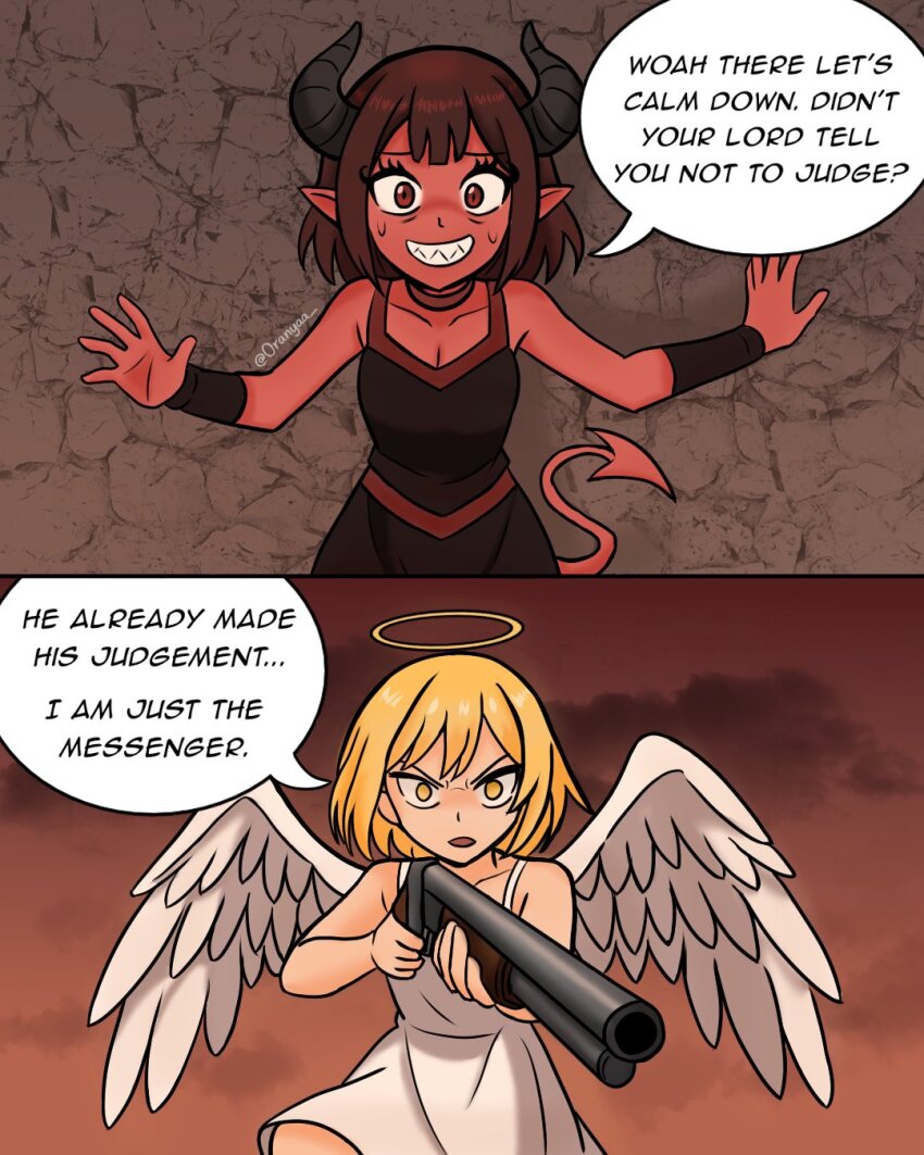 2girls, angel, angel_and_devil, angel_wings, angel_with_a_shotgun, breasts, brick_wall, colored_skin