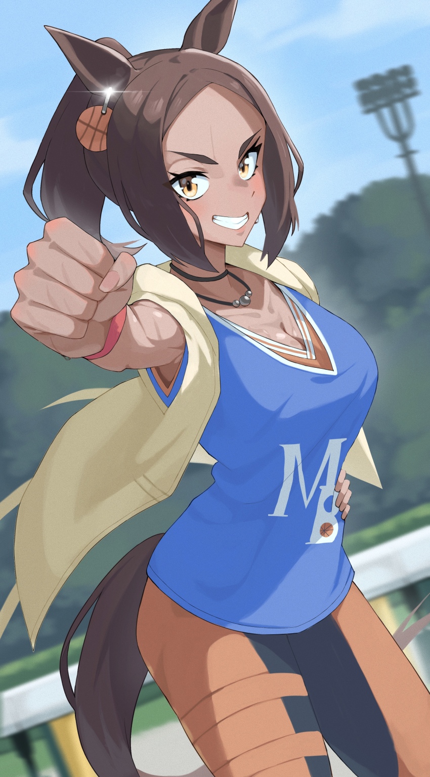 1girl, absurdres, animal_ears, basketball_jersey, black_pants, blue_shirt, blush, breasts