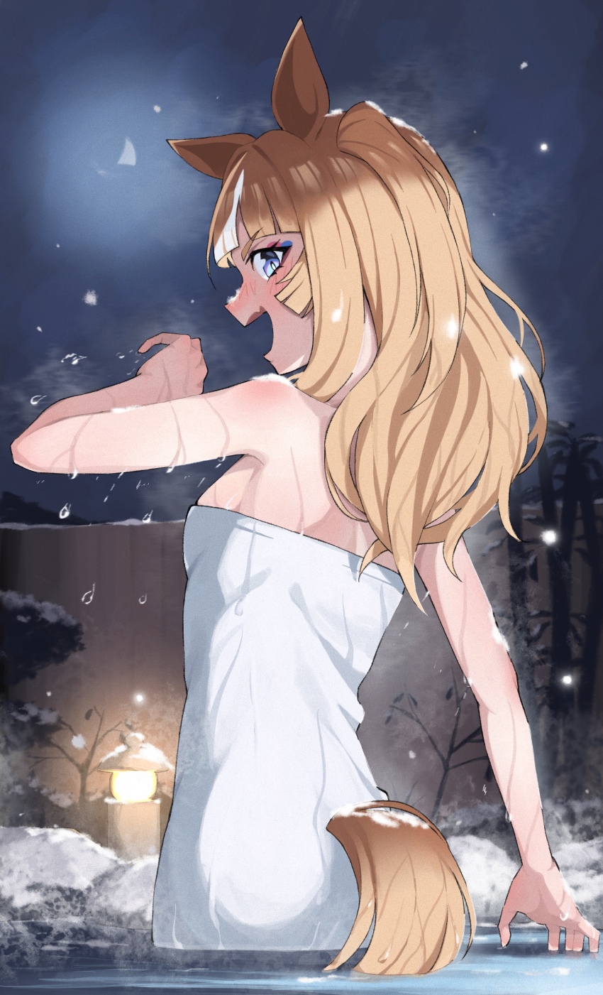 1girl, absurdres, animal_ears, bare_shoulders, blue_eyes, blush, breasts, brown_hair