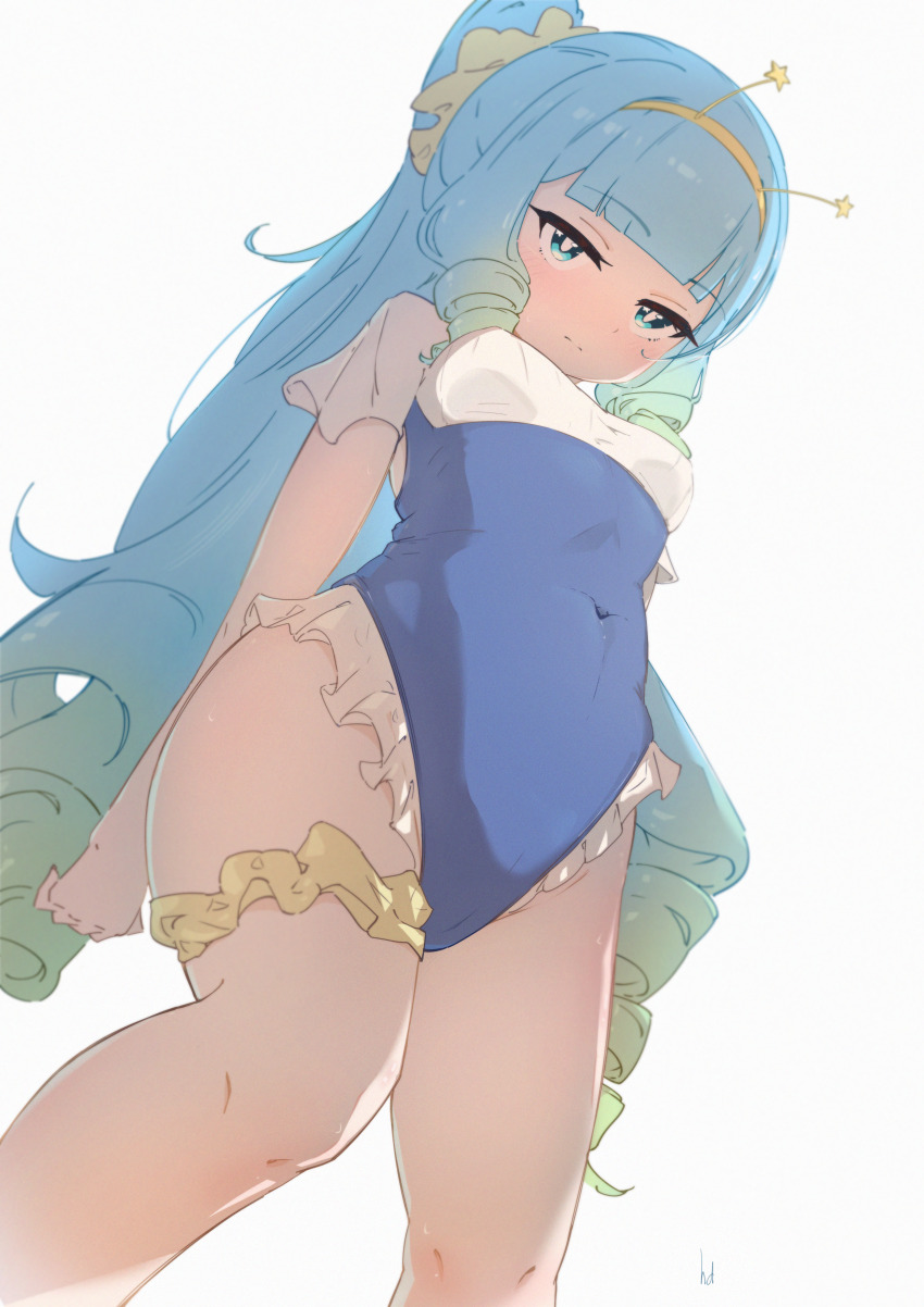 1girl, :|, absurdres, blue_eyes, blue_hair, blunt_bangs, blush, braid, breasts, cameltoe, closed_mouth, commentary, covered_navel, drill_hair, drill_ponytail, drill_sidelocks, english_commentary, feet_out_of_frame, frilled_one-piece_swimsuit, frilled_thigh_strap, frills, from_below, gradient_hair, green_hair, groin, hair_ornament, hair_scrunchie, hairband, hdukl, highleg, highleg_one-piece_swimsuit, highres, hip_focus, huge_filesize, jelly_hoshiumi, jitome, knees, light_blush, light_frown, long_hair, looking_at_viewer, looking_down, multicolored_hair, official_alternate_costume, one-piece_swimsuit, phase_connect, scrunchie, see-through_frills, sidelighting, sidelocks, signature, simple_background, small_breasts, solo, swimsuit, thigh_strap, thighs, underbust, very_long_hair, virtual_youtuber, white_background, yellow_hairband, yellow_scrunchie