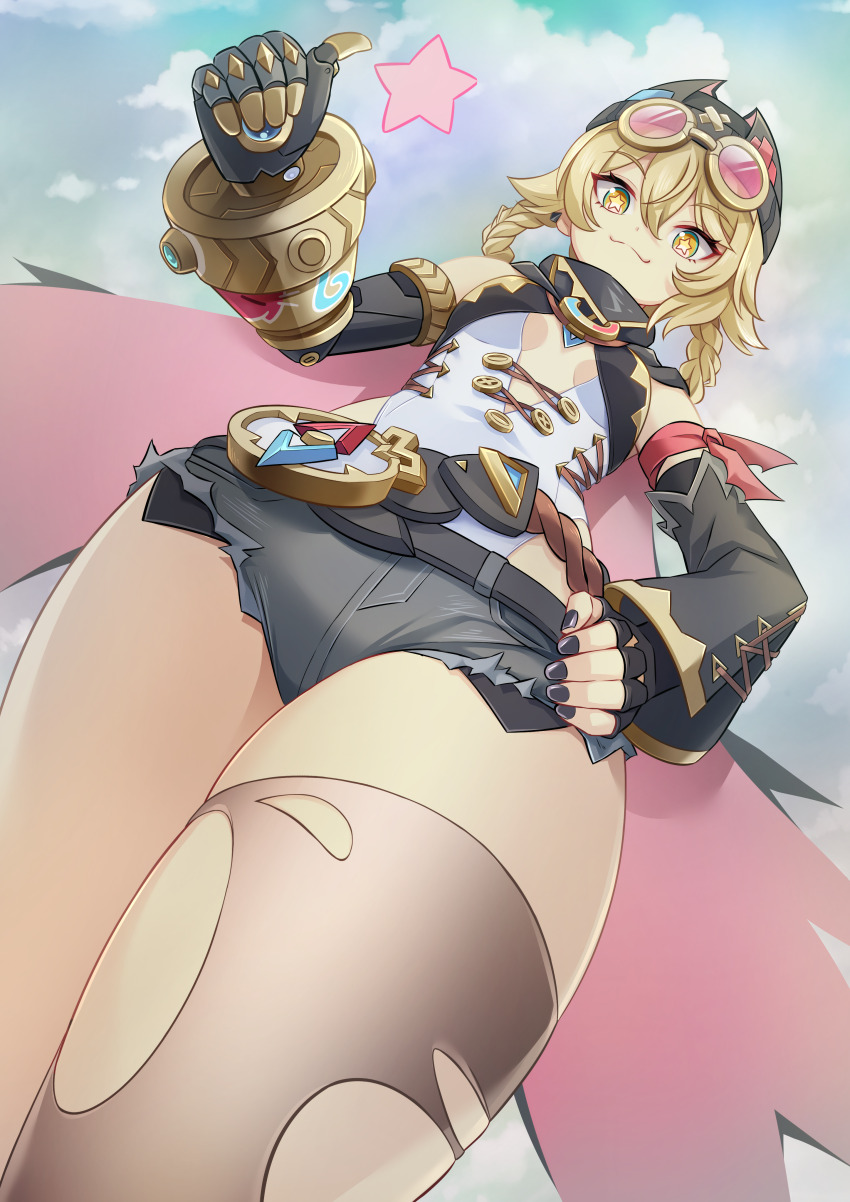 1girl, 440_(straight440), absurdres, asymmetrical_clothes, bandana_around_arm, beanie, belt, black_belt, black_hat, black_nails, blonde_hair, braid, braided_hair_rings, breasts, brown_thighhighs, buttons, cape, center_opening, closed_mouth, commentary_request, compass, day, detached_sleeves, earclip, exposed_pocket, eyewear_on_head, fingerless_gloves, fingernails, from_below, genshin_impact, gloves, green_eyes, grey_shorts, hair_between_eyes, hair_rings, hand_on_own_hip, hat, highleg, highleg_leotard, highres, jahoda_(genshin_impact), leotard, looking_at_viewer, looking_down, mechanical_arms, multicolored_eyes, nail_polish, outdoors, pink-tinted_eyewear, prosthesis, prosthetic_arm, short_shorts, shorts, single_glove, single_mechanical_arm, single_sleeve, single_thighhigh, skindentation, sky, small_breasts, smile, solo, star-shaped_pupils, star_(symbol), sunglasses, symbol-shaped_pupils, thighhighs, thighs, thumbs_up, tinted_eyewear, torn_clothes, torn_thighhighs, x_hat_ornament, yellow-framed_eyewear, yellow_eyes