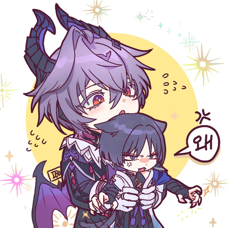 2boys, 49ibo240, anger_vein, animal_ears, artist_name, black_bridal_gauntlets, black_coat, black_horns