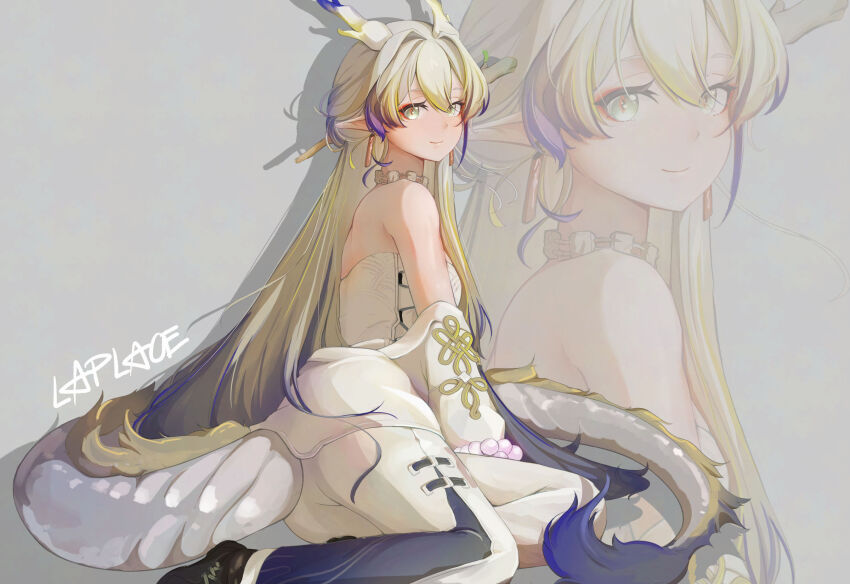 1girl, adversarial_noise, arknights, artist_name, bare_shoulders, beads, blonde_hair, closed_mouth