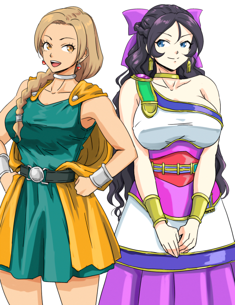 2girls, :d, alternate_costume, anbj, belt, bianca_(dq5), bianca_(dq5)_(cosplay), blue_eyes, bow, bracelet, braid, breasts, brown_eyes, brown_hair, cape, character_request, choker, commentary_request, cosplay, cosplay_request, dragon_quest, dragon_quest_v, earrings, flora_(dq5), flora_(dq5)_(cosplay), hands_on_own_hips, idolmaster, idolmaster_cinderella_girls, jewelry, large_breasts, long_hair, matsunaga_ryo, medium_breasts, multiple_girls, open_mouth, purple_bow, smile, standing, sugisaka_umi, very_long_hair, white_background, yellow_cape