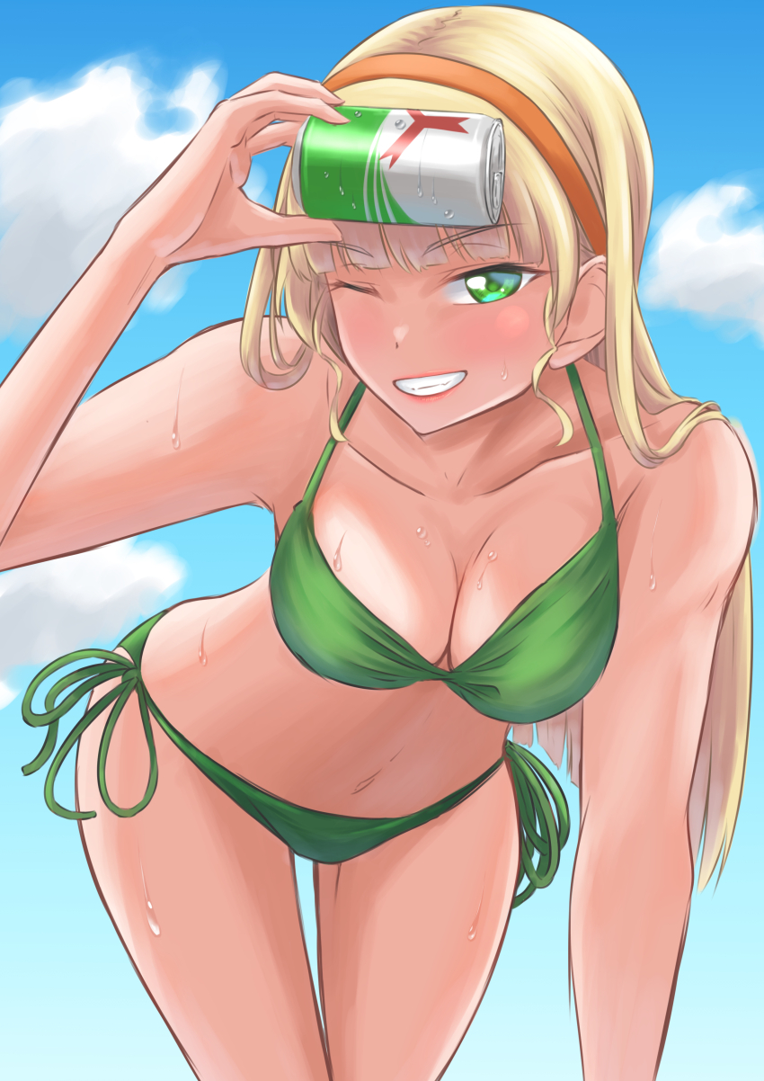 absurdres, bare_shoulders, bikini, blonde_hair, blue_sky, blush, breasts, can, can_to_forehead, cleavage, cloud, collarbone, commentary_request, day, green_bikini, green_eyes, grin, hairband, heanna_sumire, highres, holding, holding_can, leaning_forward, long_hair, looking_at_viewer, love_live!, love_live!_superstar!!, medium_breasts, navel, orange_hairband, outdoors, side-tie_bikini_bottom, sky, smile, sweat, swimsuit, thigh_gap, uduki_fuji