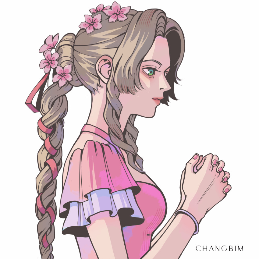 1girl, aerith_gainsborough, aerith_gainsborough_(floral_delight), artist_name, bracelet, braid, braided_ponytail, changbim13