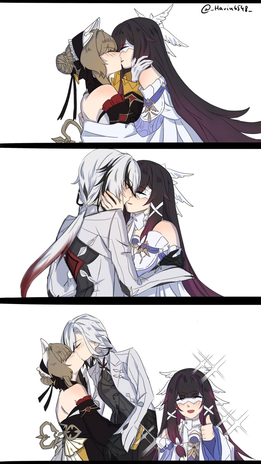 3girls, arlecchino_(genshin_impact), bare_shoulders, black_dress, black_hair, black_streaks, blush, braid