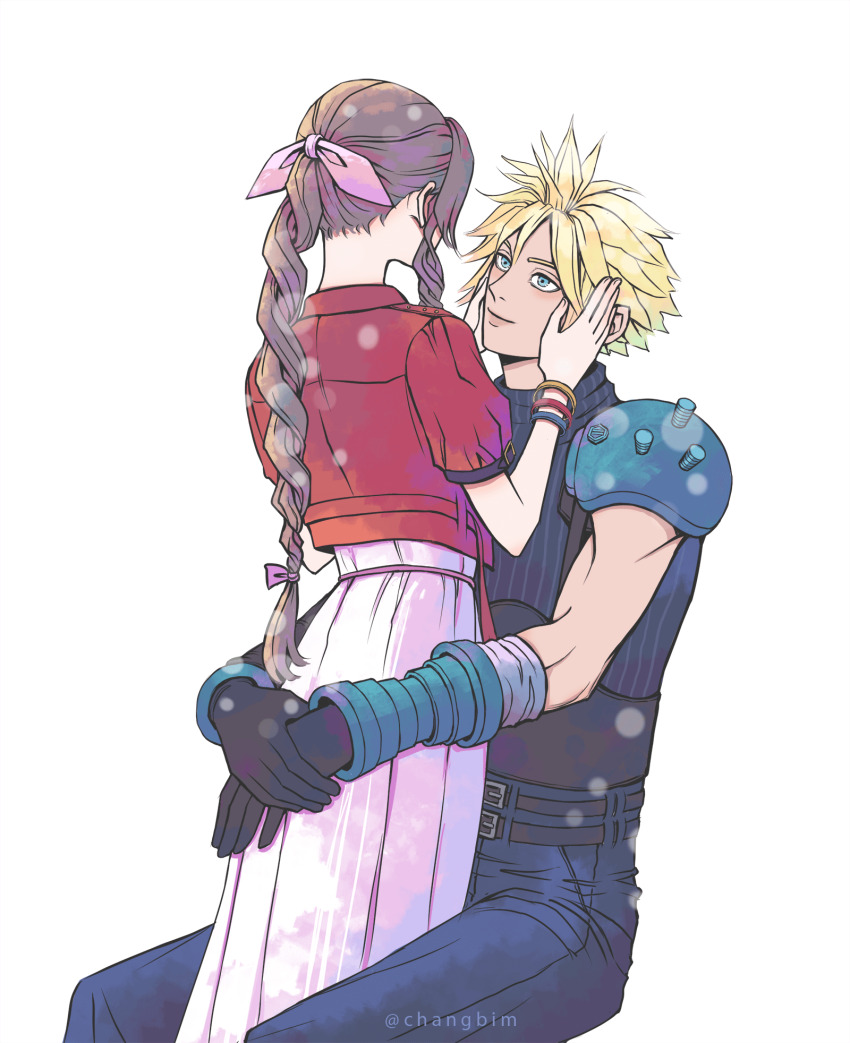 1boy, 1girl, aerith_gainsborough, armor, arms_around_another's_waist, bandaged_arm, bandages, bangle
