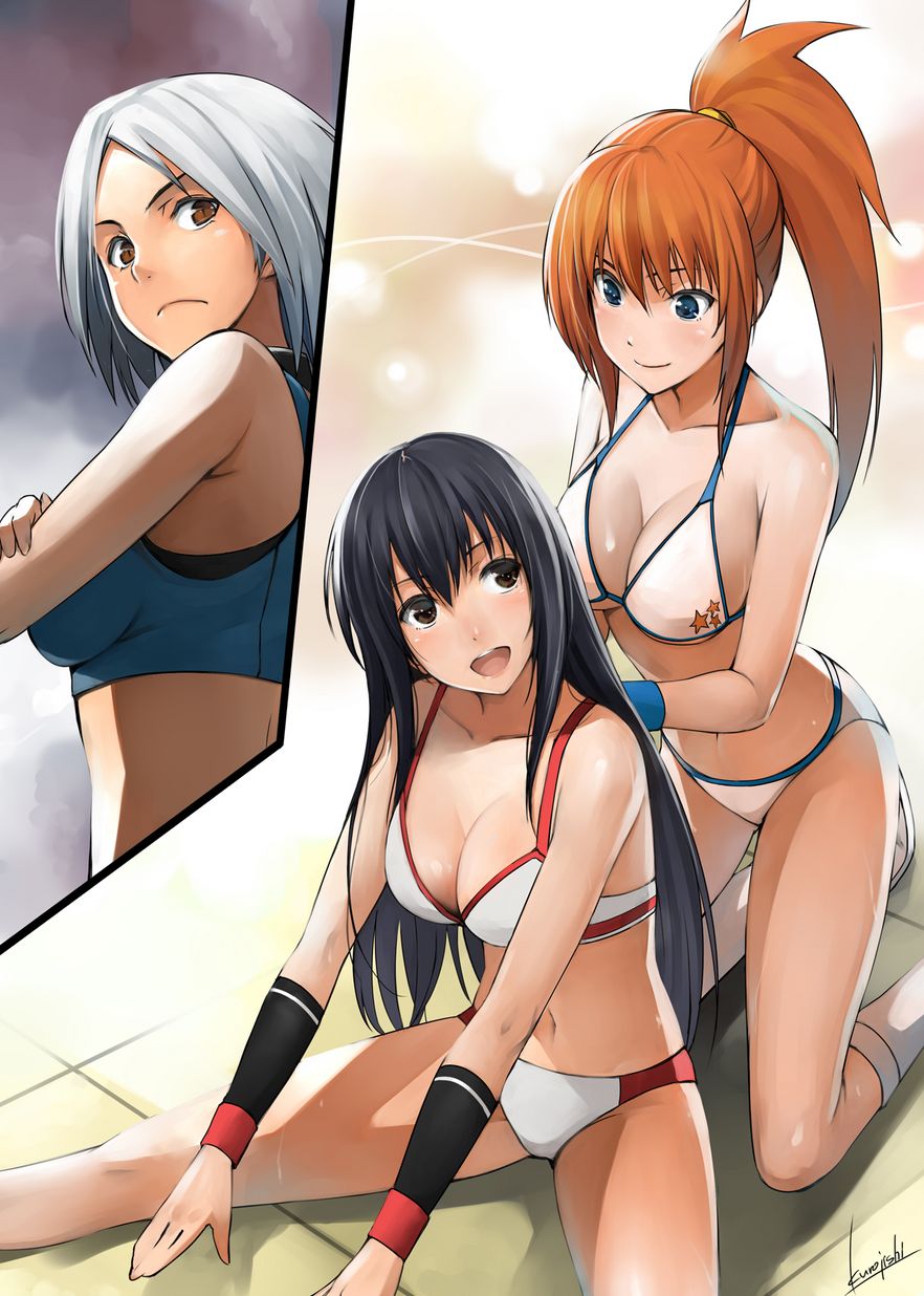 10s, 3girls, assisted_stretching, bikini, blue_eyes, blue_hair, boots, breasts