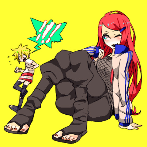 1boy, 1girl, arm_support, blonde_hair, blue_eyes, chikuri, cosplay, costume_switch