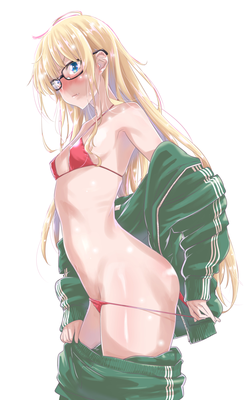 1girl, absurdres, bikini, bikini_bottom_pull, black-framed_eyewear, blonde_hair, blue_eyes, blush, breasts, closed_mouth, collarbone, commentary_request, fang, from_side, glasses, green_pants, green_track_suit, highres, jacket, long_hair, long_sleeves, maruta, micro_bikini, navel, open_clothes, open_jacket, pants, pulling_own_clothes, red_bikini, saenai_heroine_no_sodatekata, sawamura_spencer_eriri, simple_background, small_breasts, solo, standing, string_bikini, swimsuit, track_suit, very_long_hair, white_background