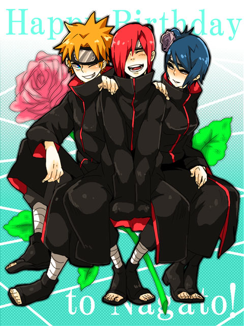 1girl, 2boys, :d, blue_hair, chikuri, closed_eyes, flower, hair_flower