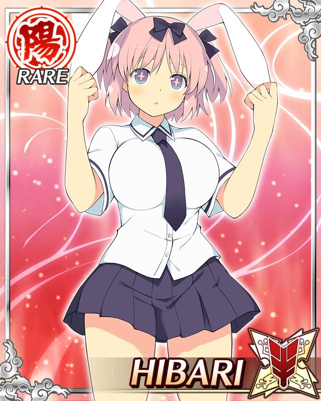 +_+, 1girl, animal_ear_hairband, animal_ears, blue_eyes, blue_necktie, blue_skirt, border, bow, breasts, card_(medium), character_name, collared_shirt, fake_animal_ears, flower-shaped_pupils, game_cg, hair_bow, hairband, hands_on_animal_ears, hanzou_academy_school_uniform, hibari_(senran_kagura), large_breasts, looking_up, necktie, official_art, pink_hair, pink_pupils, pleated_skirt, rabbit_ear_hairband, rabbit_ears, school_uniform, senran_kagura, senran_kagura_new_wave, shirt, short_twintails, skirt, solo, symbol-shaped_pupils, third-party_source, twintails, white_shirt