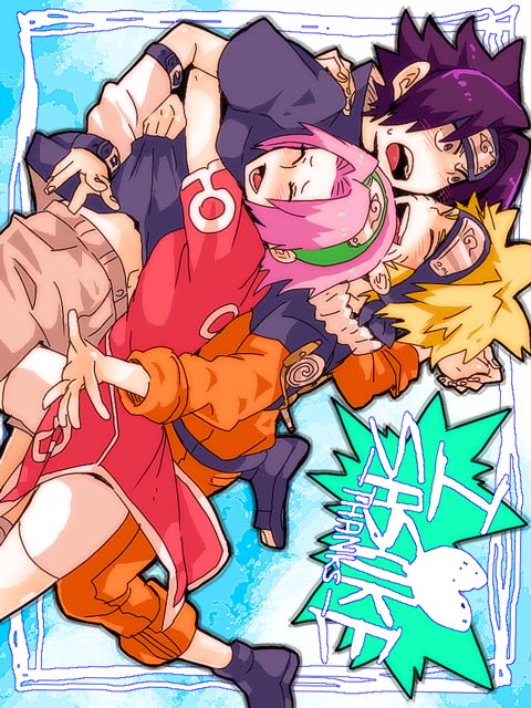 :d, blonde_hair, chikuri, closed_eyes, forehead_protector, haruno_sakura, hug, naruto_(classic)