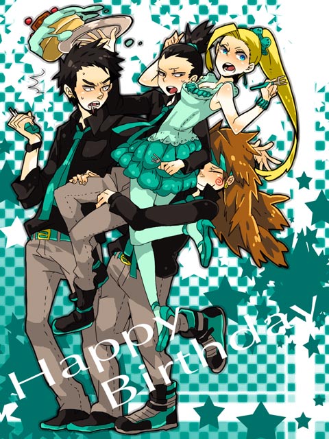 1girl, 3boys, akimichi_chouji, alternate_costume, beard, belt, birthday, black_hair