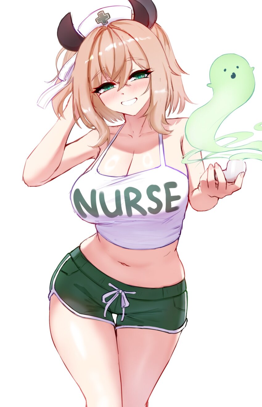 1girl, animal_ears, apron, blush, breasts, brown_hair, cgator, cleavage, clothes_writing, commentary, dolphin_shorts, english_commentary, english_text, green_eyes, green_shorts, grin, hat, highres, holding, holding_smoking_pipe, indie_virtual_youtuber, large_breasts, looking_at_viewer, medium_hair, midriff, naplings_(nimi_nightmare), navel, nimi_nightmare, nurse_cap, one_side_up, open_mouth, rounded_collar, short_shorts, shorts, simple_background, smile, smoking_pipe, solo, tank_top, tapir_ears, tapir_girl, virtual_youtuber, white_background, white_tank_top